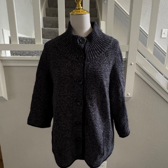 Talbots Button Up Cardigan Sweater Womens Gray Black Trim - Picture 2 of 8